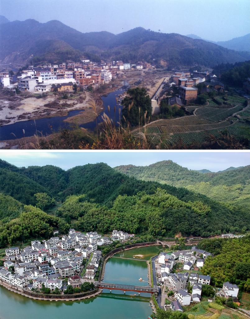 圖為浙江省杭州市淳安縣楓樹嶺鎮(zhèn)下姜村拼版圖，其中上圖為資料照片、下圖由新華社記者張鋮攝。